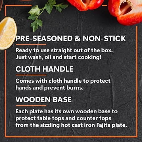 Mr. Bar-B-Q Cast Iron Fajita Skillets Set, Pre-Seasoned Non-Stick Sizzling Plate, Wooden Base w/Cloth Handle, Sizzler Steak Plate, Cast Iron Skillets for Diners, Bar, Restaurants, Caterings & Parties 6