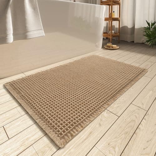 AMOAMI Upgraded Waffle Bath Mat, Super Absorbent Non Slip Bath Mats for Bathroom Floor, Machine Washable Bathroom Rugs with Tassels, Rubber Backed Bathroom Mats, Ultra Soft, 18" x 30", Brown