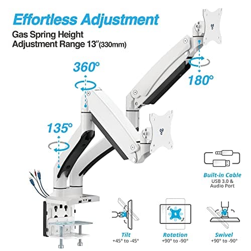 AVLT Dual Monitor Arm Desk Mount for 13"–43" Flat/Curved Screens with USB-A Pass-Through, Full Motion Height Adjustable Swivel Tilt Rotation VESA/C-Clamp/Grommet/Cable Management, White 7
