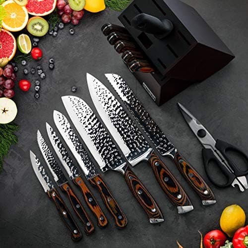 Kitchen Knife Set,15-Piece Knife Set With Block Wooden,Self Sharpening For Chef Knife Set,High Carbon Japan Stainless Steel Hammered Collection Knife Block Set with Steak Knives, Boxed Knife Set 7