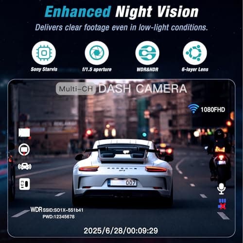 4 Channel 2.5K Dash Cam Front Rear Left Right, 170° Wide Angle Car Dash Camera with 5GHz WiFi & App Control, G-Sensor, Super Night Vision, 24H Parking Monitor, Loop Recording, 64GB SD Card Included 7