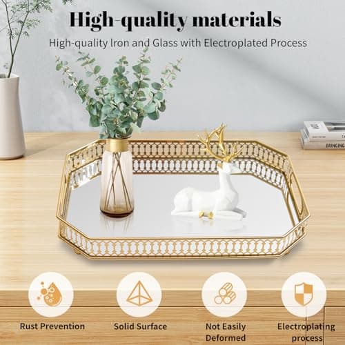 Vintage Gold Mirrored Vanity Mirror Tray Decorative Perfume and Makeup Organizer with Handles for Dresser,Bathroom or Jewelry Display, Decor Home Large Size (Large) 5