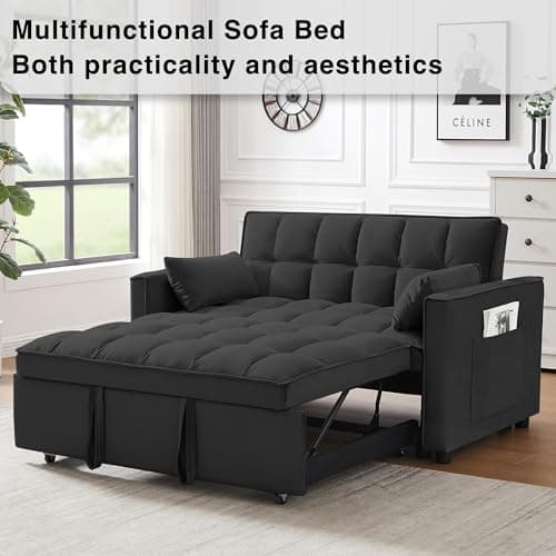 Wakefit 3 in 1 Convertible Sleeper Sofa Bed, Futon Couches for Living Room with Side Pocket | Adjustable Backrest| Velvet Fabric | Pull Out Couch | Loveseat | Sectional Sofa Bed(Black) 7