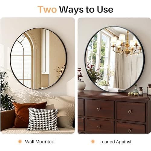 Atilioo Bathroom Mirror for Wall, 24 Inch Round Mirror, Matte Black Metal Framed Circle Vanity Mirror for Bathroom Bedroom Living Room Entryway, Anti-Rust, Tempered Glass, Hanging or Leaning 5