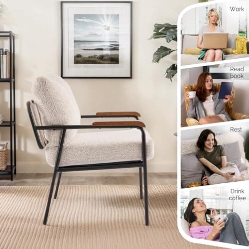 VINGLI Mid-Century Modern Accent Armchiar for Small Space, Small Comfy Upholstered Leisure Reading Chair with Wood Armrest for Bedroom, Living Room, Waiting Room, Linen Beige 7