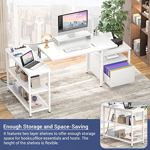Aheaplus L Shaped Desk with Power Outlet, Standing Home Office Desk with Lift Top and File Drawer, 63'' Corner Computer Desk with Monitor Stand&Printer Shelves, Gaming Desk with Led Lights, White 6