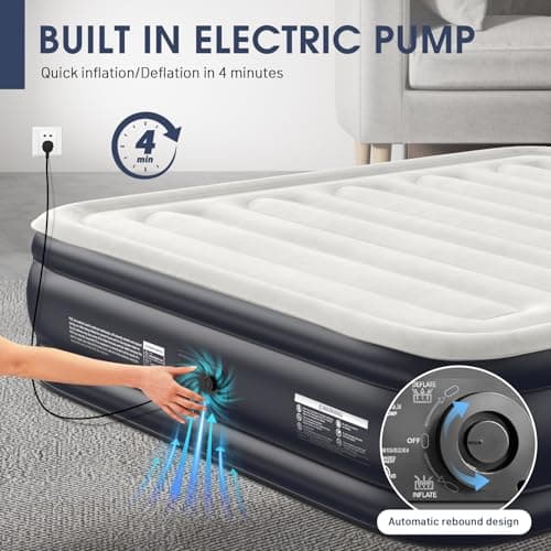 King Air Mattress With Built In Pump,18''Raised Blow Up Mattress 2 Mins Self-Inflation/Deflation,Upgraded Thicker Inflatable Mattress，Air Bed with Storage Bag for Guests,Home，Camping，750 lbs Max 5