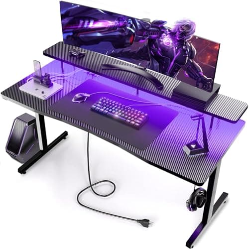 GTPLAYER 55 Inch Gaming Desk with LED Lights, Computer Gamer Desk with Monitor Stand, Ergonomic Carbon Fiber Surface Gaming Table with Mouse Pad for Home Office, RGB