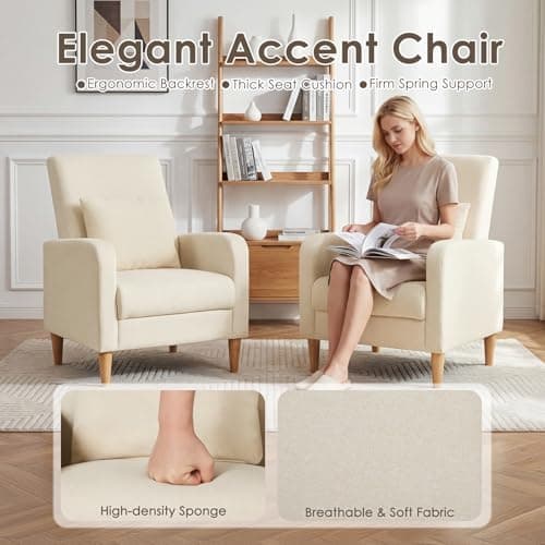 COLAMY Mid-Century Modern Upholstered Accent Chair with Back Pillow & Solid Wood Legs, Fabric Cozy Armchair for Living Room, Bedroom, Reading Nook, Apartment & Small Spaces, Beige 5