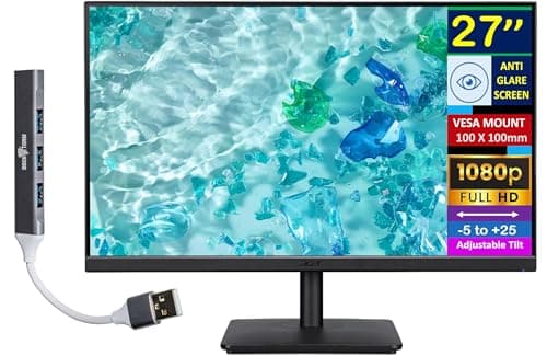 acer 27" FHD IPS Monitor with 4ms Response Time, Anti Glare, VESA Mount (100mm), VGA, HDMI & DKZ USB Port Expander, Black Color