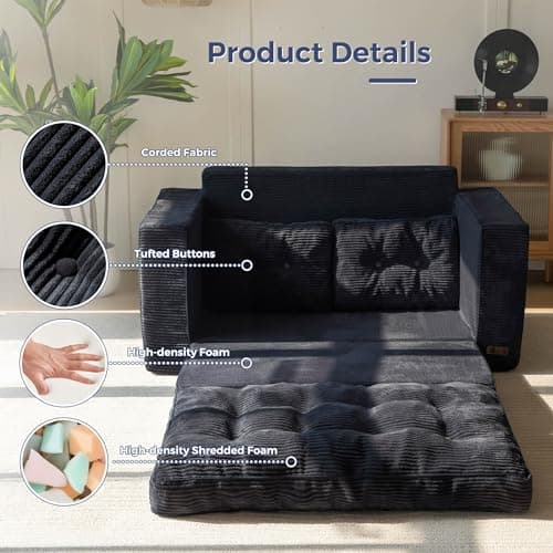 MAXYOYO Convertible Sofa Bed, Pull Out Loveseat Sleeper Sofa, Folding Couch Bed with Pillows for Living Room, Black 6