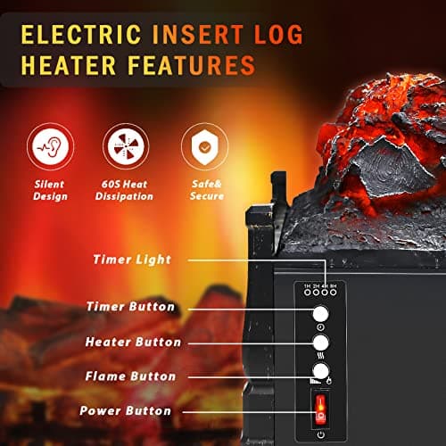 Waleaf Electric Fireplace Logs Set Heater 23", 1500W Freestanding Fireplace Insert with 5 Flame Brightness&Speed Realistic Ember Bed, 8H Timer 6