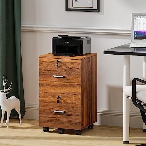 VINGLI 2-Drawer Rolling File Cabinet with Lock, Wood Mobile File Organization for Hanging Letter Size Filings Under Desk Filing Cabinets for Home Office, Assembly Required, Classic Walnut, 26.5" H 2