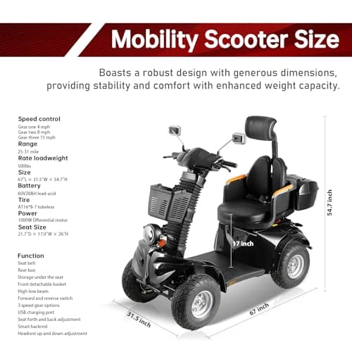 Heavy Duty Mobility Scooters for Seniors & Adults 500lbs Capacity - Electric Powered Mobility Cart - 1000W All Terrain Recreational Mobility Scooter for Travel 8
