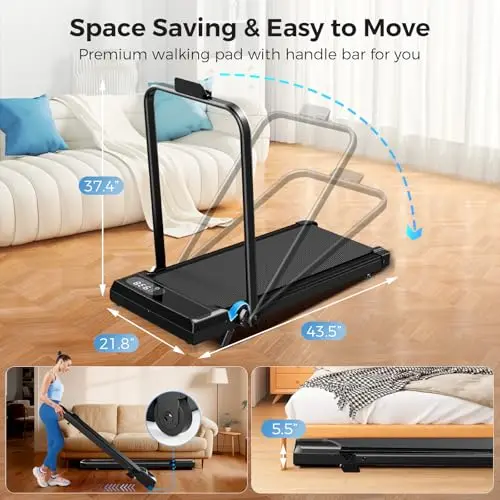 Walking Pad with Handle Bar, 2.5HP Walking Pad Treadmill, 3 in 1 Portable Under Desk Treadmills for Home Small Space, Foldable Folding Home Treadmill with Remote Control, 320LBS Capacity 8