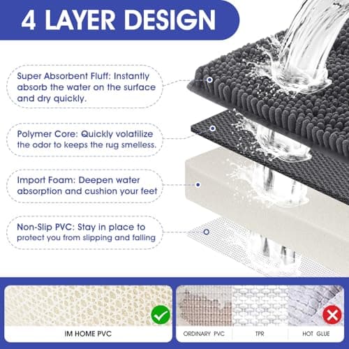 ACCUMTEK Striped Grey Bathroom Rug Set 3 Pieces Gray Ultra Soft, Non Slip Chenille Toilet Mat, Absorbent Plush Shaggy Bath Mats for Bathroom, Bedroom, Kitchen, Charcoal 5