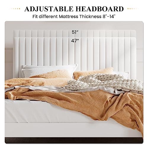 SHA CERLIN Full Upholstered Platform Bed Frame with Vertical Channel Tufted Velvet Fabric Adjustable Headboard, Wooden Slats Support, Mattress Foundation, Box Spring Optional, White 5