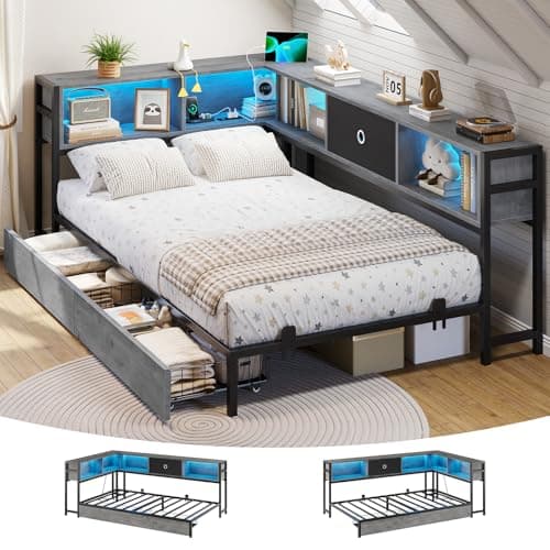 DICTAC Corner Twin Bed Frame with Bookcase Storage Headboard and Led Lights Twin Size Metal Platform Bed Frame with Storage Drawers and Charging Station Twin Size Daybed for Kids and Teen,Oak Gray
