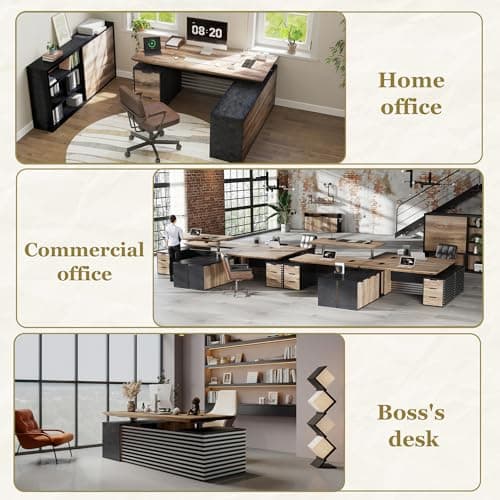ONNAHOMEStlyle 70.87IN Adjustable Heigh L Shaped Executive Desk w/Cabinet Storage, Modern Computer Standing Home Office Desk w/File Cabinet, AC/USB, Large Writing Table Business Workstation 5