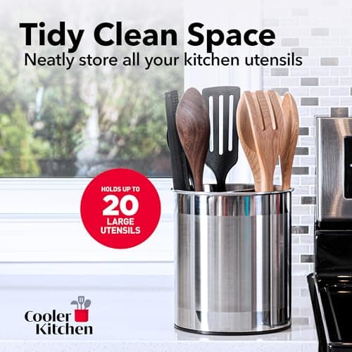 Cooler Kitchen Rotating Extra Large Stainless Steel Utensil Holder Caddy with Sturdy No-Tip Weighted Base, Removable Divider, and Gripped Insert Bottom -Dishwasher Safe Metal Cooking Utensil Holder 6