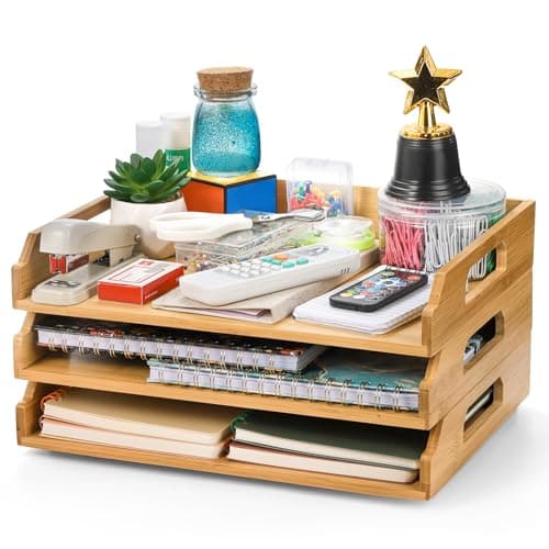 Okllen 3 Pack Stackable Paper Trays, Bamboo Desk Letter Tray Set, 3 Tier File Document Organizer Tray for A4 Paper, Magazine, Receipts, Office Supplies