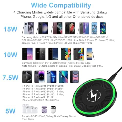 Wireless Charger Fast Charging Pad for Moto Razr/Edge 2025 2024,Moto G Power/Stylus 5G 2025 2024,15W Charging Station with QC Adapter for Samsung Galaxy S25 S24 S23 S22,iPhone 17 16 15,Pixel 10 9 Pro 6