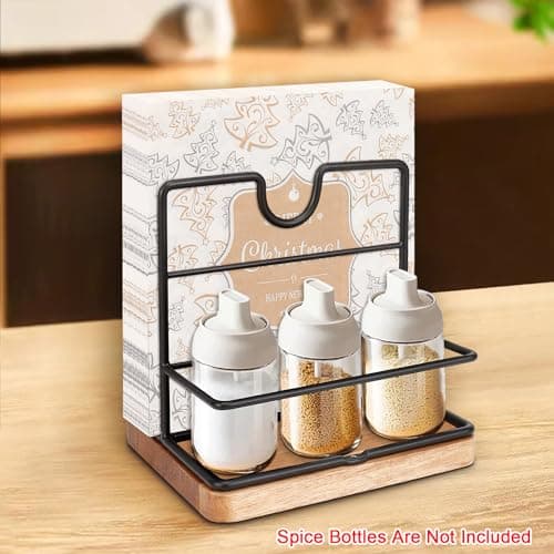 Livabber Napkin Holder, Metal Napkin Storage with Salt and Pepper Shakers Caddy Modern Napkin Dispenser for Table Kitchen Countertop, Not Including Salt and Pepper Shakers (Middle Wooden, Black) 6