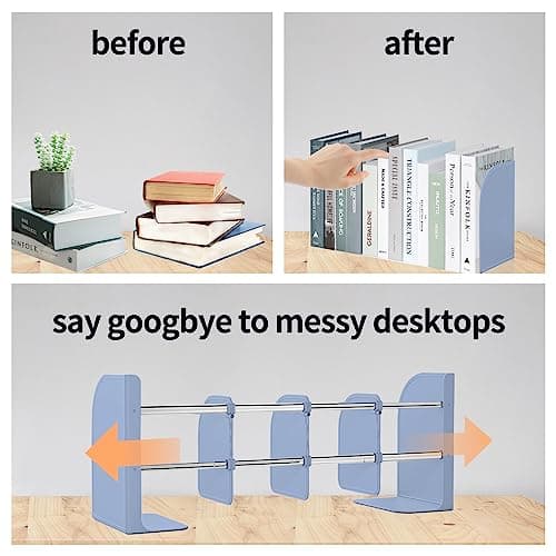 Adjustable BookEnds for Heavy Books, Metal Non-Skid Organizer for Shelves, Home, Office, School - Large Capacity 4 Layers (Blue) 5