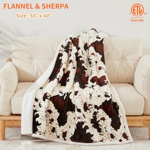 Cow Print Electric Blanket Heated Throw Blanket with 3 Heat Settings & 4-Hour Auto Shutoff, Fast Heating, Soft Flannel & Sherpa Fleece, Machine Washable, 50 x 60 Inches (Beige Cow Stripes, Throw) 2
