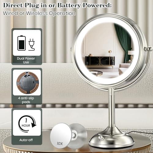VESAUR 11.8" Extra Large 17" Tall Lighted Makeup Mirror, 1X/5X/10X 3-Sided Magnifying Mirror with 96 LEDs, 3 Color Dimmable Lights, 360° Swivel Dual Power Vanity Mirror, Nickel Finish Luxury Gift Box 5