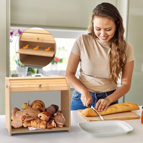 FoverOne Bamboo Bread Box for Kitchen Countertop, Roll-top Breadbox Breads Storage Boxe with Adjustable Middle Shelf 7