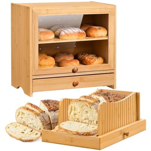 Beglero Bread Box with Bread Slicer, Bamboo BreadBox for Kitchen Countertop, Double Layer Corner Bread Boxs for Homemade Bread, Pantry Counter Corner