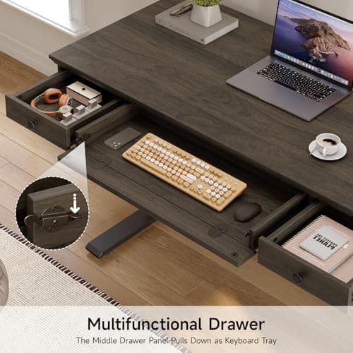 ONBRILL Standing Desk with Drawers, 55 x 23 Inch Electric Height Adjustable Desk with Storage & Outlets, for Computer Workstation, Home Office, Retro Curved Table Corner Design, Black Walnut 5