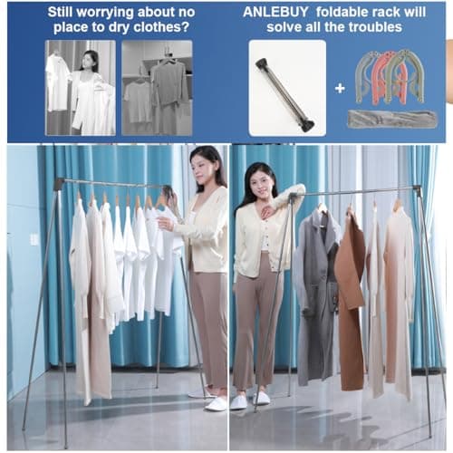 ANLEBUY Portable Garment Rack, Folding Clothes Rack, Collapsible Clothing Rack for Dance, Travel, Camping, Laundry, Indoor, Outdoor, Drying, RV, Mini Compact Racks Black + 3 Foldable Clothes Hangers 5