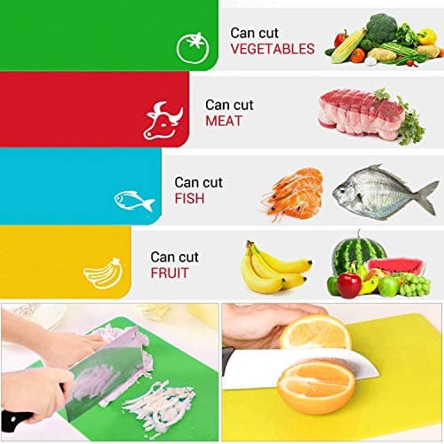 Kitchen Plastic Cutting Board Set - Extra Thick Flexible Cutting Mat for Cooking, Non-Slip Chopping Board with Colored Food Icons & Easy-Grip Handles, Dishwasher Safe, Set of 4 7