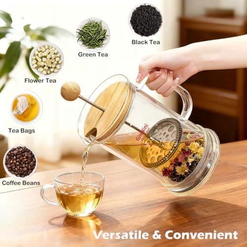 34-Ounce plastic free French Press Coffee Maker, Double Wall Glass coffee press, Stainless Steel Filter and Shaft, Bamboo Knob and Lid, Heat-Resistant tea french press no plastic large tea maker 8