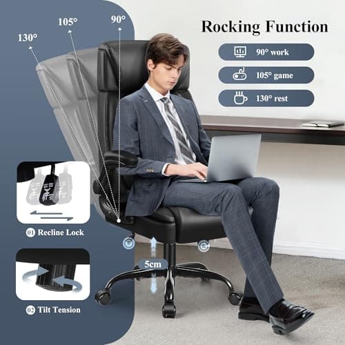 BestGlory Leather Office Chair, Big and Tall Office Chair Executive Breathable PU Computer Chair with Lumbar Support, High Back Home Office Desk Chair with Flip-up Armrests, Adjustable Headrest 6