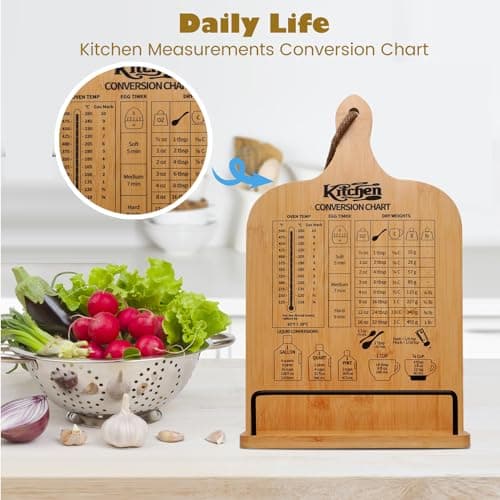 Femicgal Cookbook Stand for Kitchen Counter, Bamboo Cookbook Holder, Foldable Cook Book Holder, Adjustable Recipe Book Stand, Cook Book Stand with Measurement Conversion Chart 5