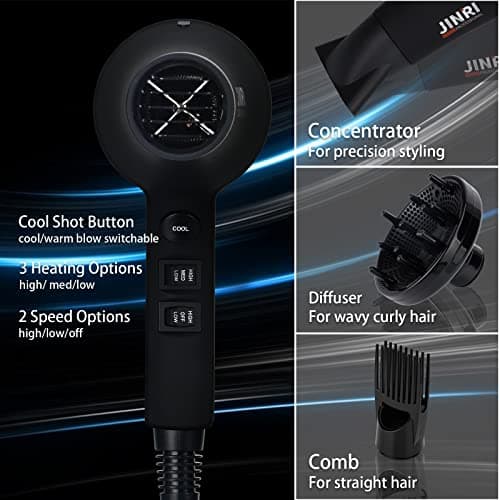 Professional Salon Grade Hair Dryer 1875W, Powerful Fast Drying Pro Negative Ionic & Infrared Blow Dryer, Low Noise Blow Dryer with Diffuser, Concentrator, Comb, 2 Speed & 3 Heat Settings 6