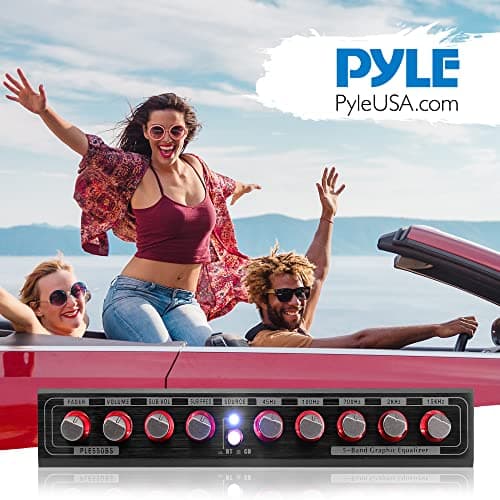 PyleUsa 5 Band Graphic Equalizer with Bluetooth, Adjustable SUB Volume for Subwoofer Channel, Low Pass Filter, Front Rear Fader, HiFi Car Audio EQ with RCA Inputs Outputs 8