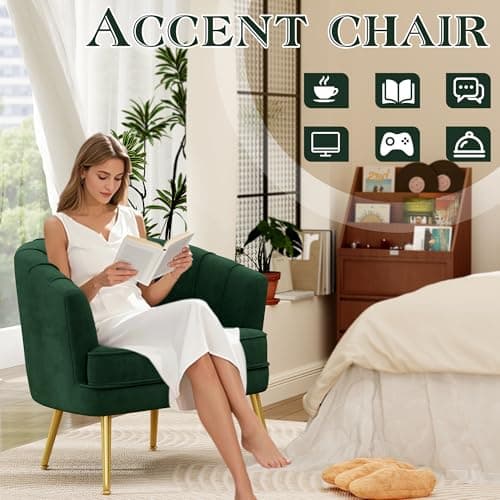Andeworld Velvet Accent Chair, Upholstered Modern Single Sofa Side Chair,Comfy Barrel Club Living Room Armchair with Golden Metal Legs for Bedroom Living Reading Room Office, Green 3