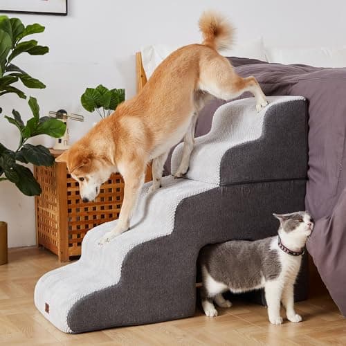 Pettycare Dog Stairs Ramp for High Beds and Couch,Curved Dog Steps for Small Pets, Pet Stairs Non-Slip Balanced Portable Puppy Ramp Indoor, 5 Steps,Grey 9