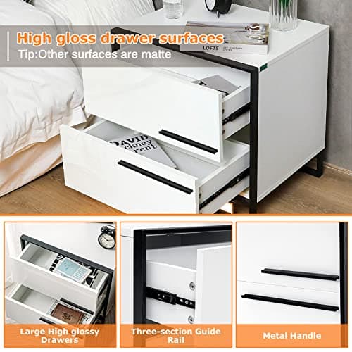 HOMMPA Auto Led Nightstand with High Gloss Drawer White Nightstand Led Bedside Table with Metal Frame Modern Led Night Stand Table with 3 Color Magnetic Infrared Sensing LED Light/Adustable Brightnes 6