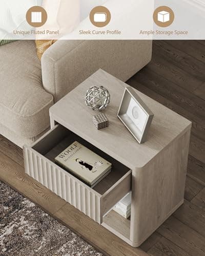 SICOTAS Night Stand Nightstand with Drawer Storage Fluted Bed Side Table End Table Large Modern Wide Bedside Stand Mid Century Night Stands for Bedroom Living Room Sofa Couch Home Office, White Alder 6