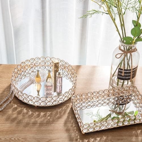 Feyarl Crystal Perfume Tray Makeup Cosmetic Vanity Organizer Jewelry Trinket Display Storage Mirrored Decorative Tray Skin Care Tray for Dresser Home Deco Birthday Gift(Round 10" inch) (Gold) 6