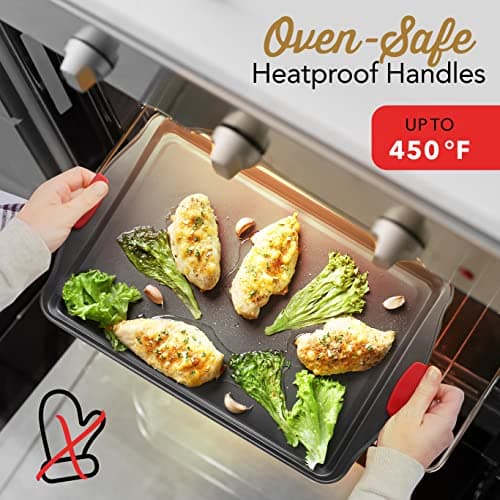 Baking Sheet Set, 2-Piece Large Cookie Sheet Set with Silicone Handles, Steel Baking Pan, Baking Sheets for Oven, BPA Free Nonstick Set, Half Sheet Pans, Black Baking Tray 5