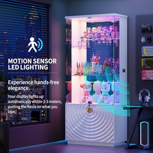 Lvifur 71'' Display Cabinet with Glass Doors,4-Tier Curio Cabinet with 3-Color Lights for Collectibles,Lockable Glass Display Case Human Body Sensor,Tall Bookcase w/Shelves&Drawers,White 5