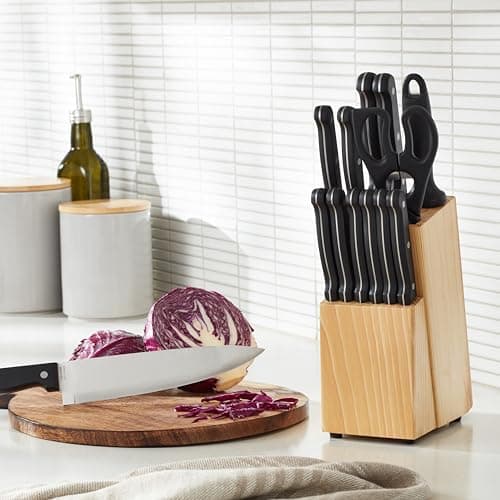 Amazon Basics 14-Piece High Carbon Stainless Steel Kitchen Knife Set with Full Tang Construction, Ergonomic Handles, Sharpener and Pinewood Block, Black 8