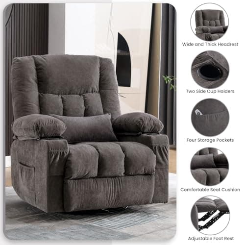 BOSMILLER Oversized Recliner Chair for Adults with Vibration Massage and Lumbar Heating Swivel Rocker Recliner with Cup Holder and USB Charge Port for Living Room 5