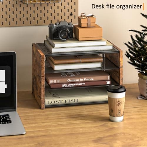 3-Tier Paper Letter Tray, Wooden Desk File Organizer, Stackable Metal Mesh Desk Organizer for Office Supplies. Small Paper Trays for Home Office School, Rustic Brown 5